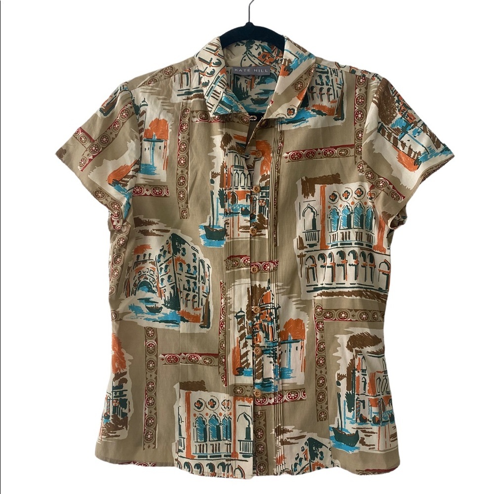 COASTAL Print European Short Sleeve Button Up Shirt Medium Kate Hill Top Medium